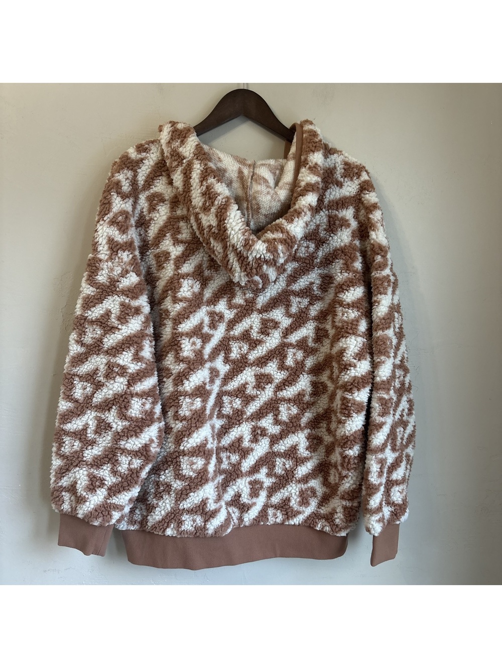 PINK Victoria's Secret Brown White Sherpa Fleece Pullover Hoodie V-Neck Large - Picture 4 of 5